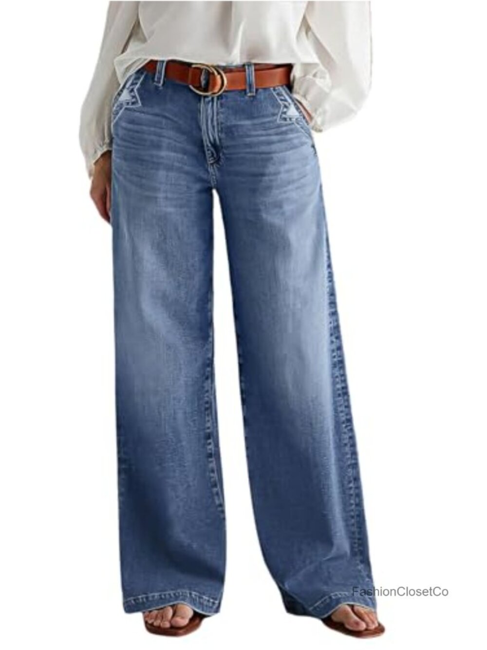 Wide Leg Mid Rise Baggy Stitch Decor Denim Jeans for Women - 68% Cotton Stretch